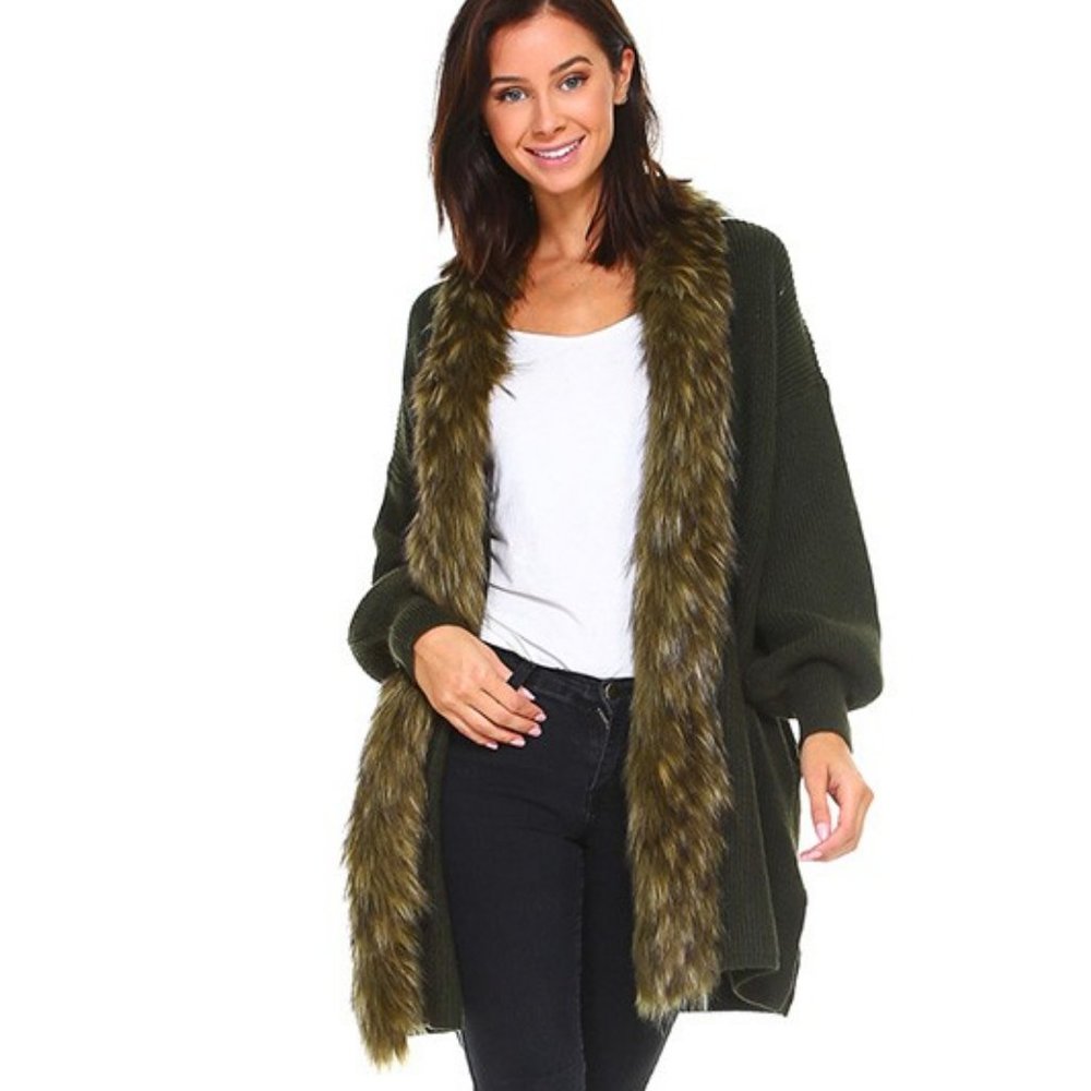 Olive Faux Fur Collar Long Sleeve Cardigan - Picture 2 of 6